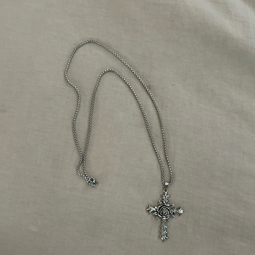 Silver Cross & Rose Pendant Necklace